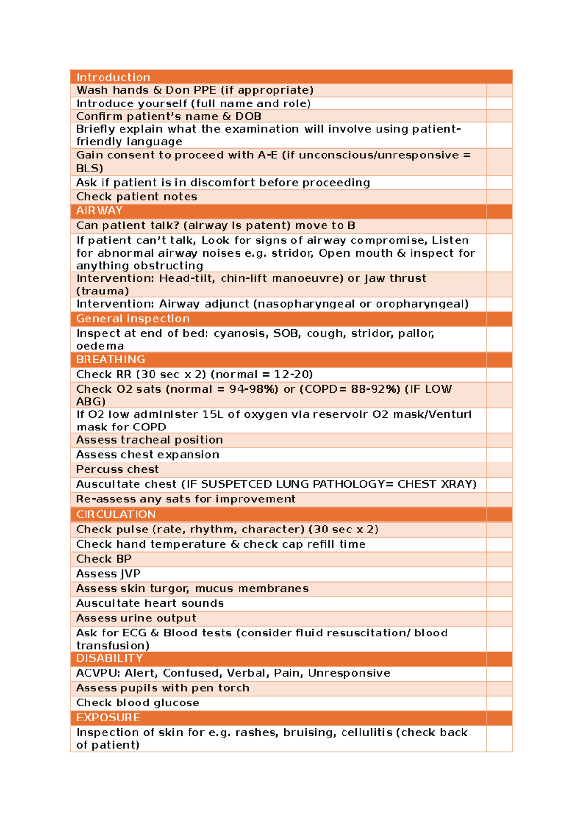 A-E checklist - Summary Medicine and Surgery - Introduction Wash hands ...