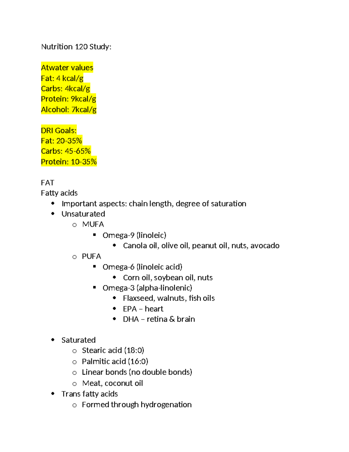 NUTR Final Study Nutrition 120 Study Atwater values Fat 4 kcal/g Carbs 4kcal/g Protein