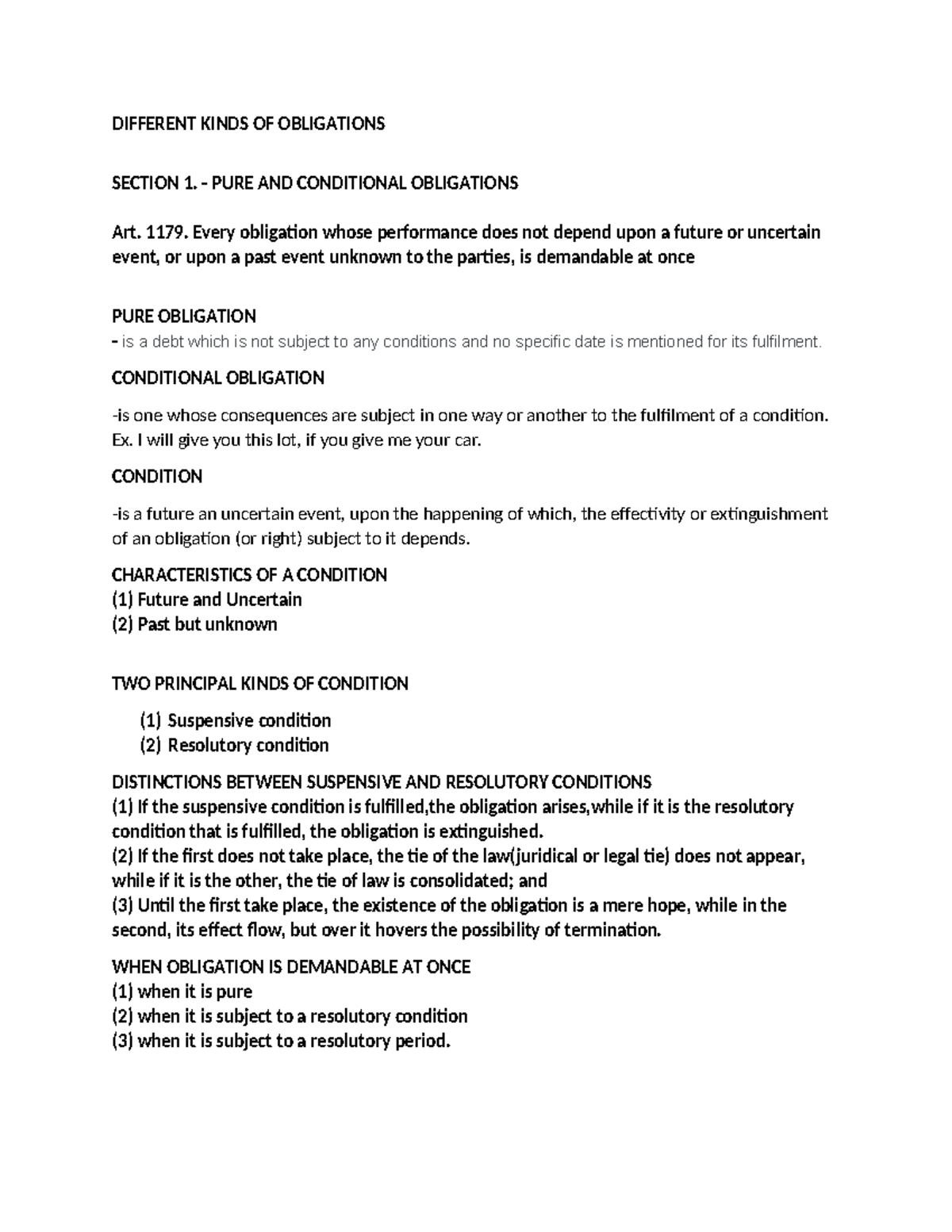 Document - DIFFERENT KINDS OF OBLIGATIONS SECTION 1. - PURE AND ...