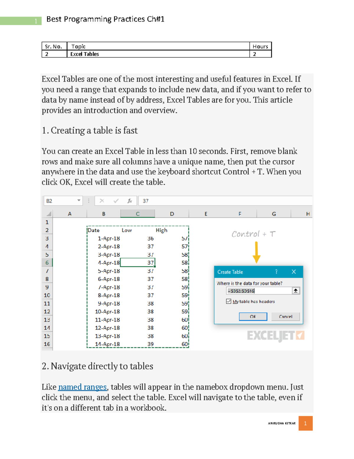 2. Pivot Tables - Bklxznanw - Sr. No. Topic Hours 2 Excel Tables 2 ...