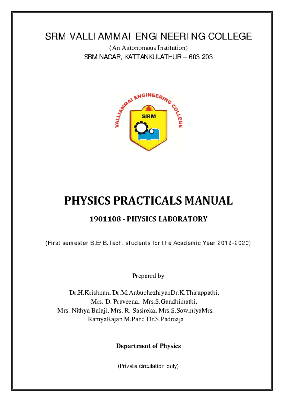 1901108-Physics Laboratory - SRM VALLIAMMAI ENGINEERING COLLEGE (An ...