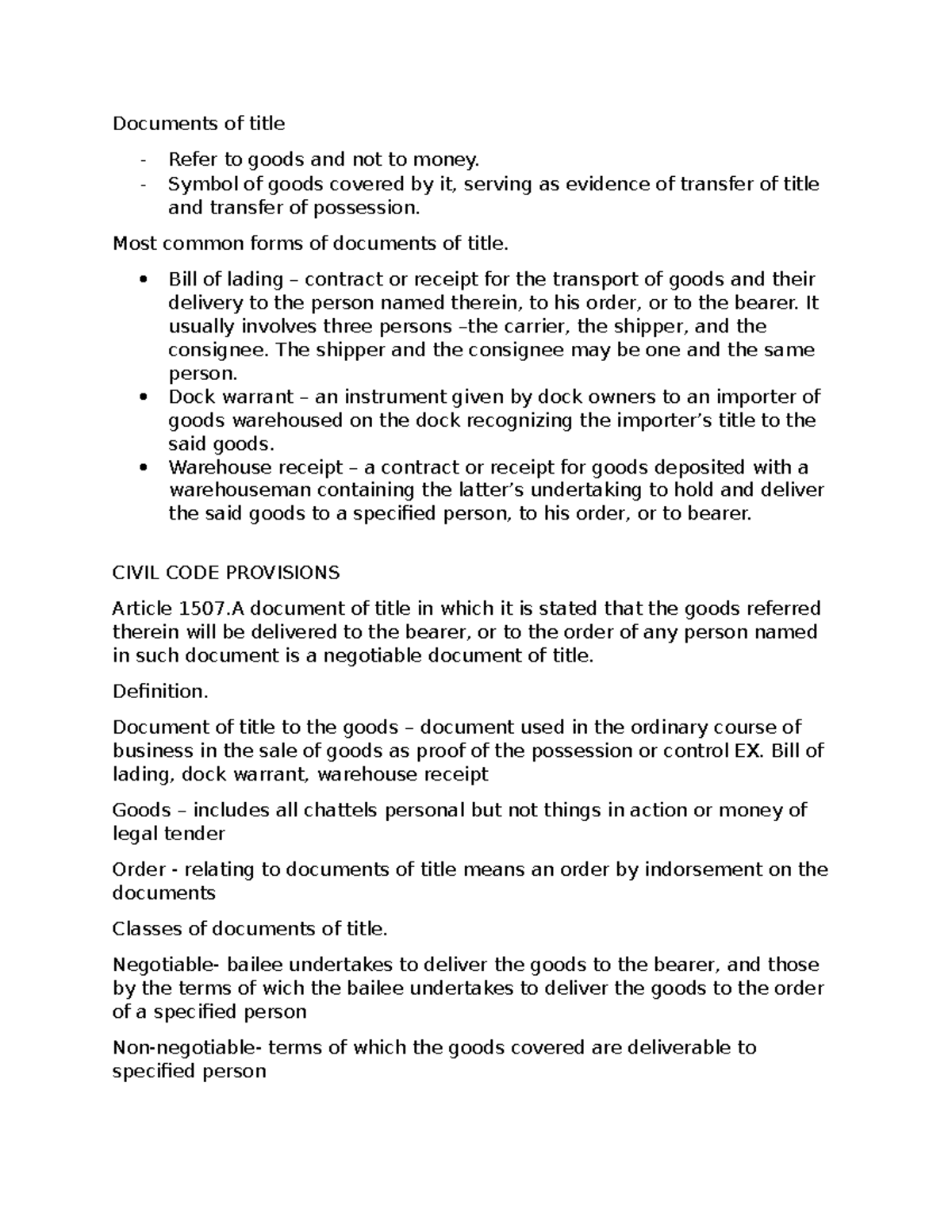 Civil code reviewer - Lecture notes 1-2 - Documents of title Refer to ...
