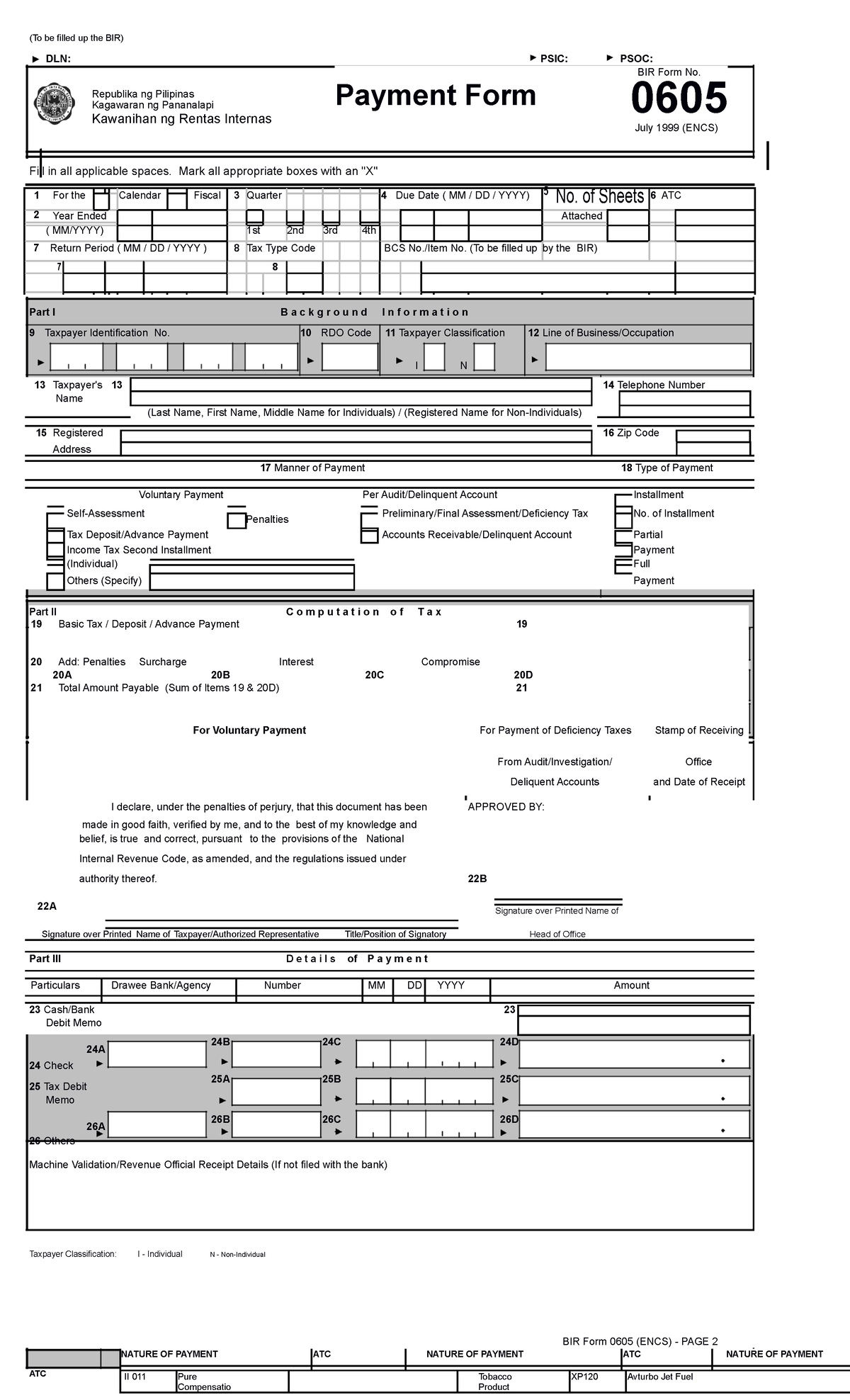 Bir 0605 Registration Form To Be Filled Up The Bir Dln Psic