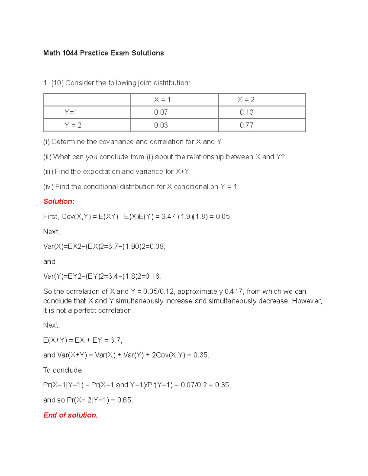 Math 1044 Practice Exam Solutions - Studocu