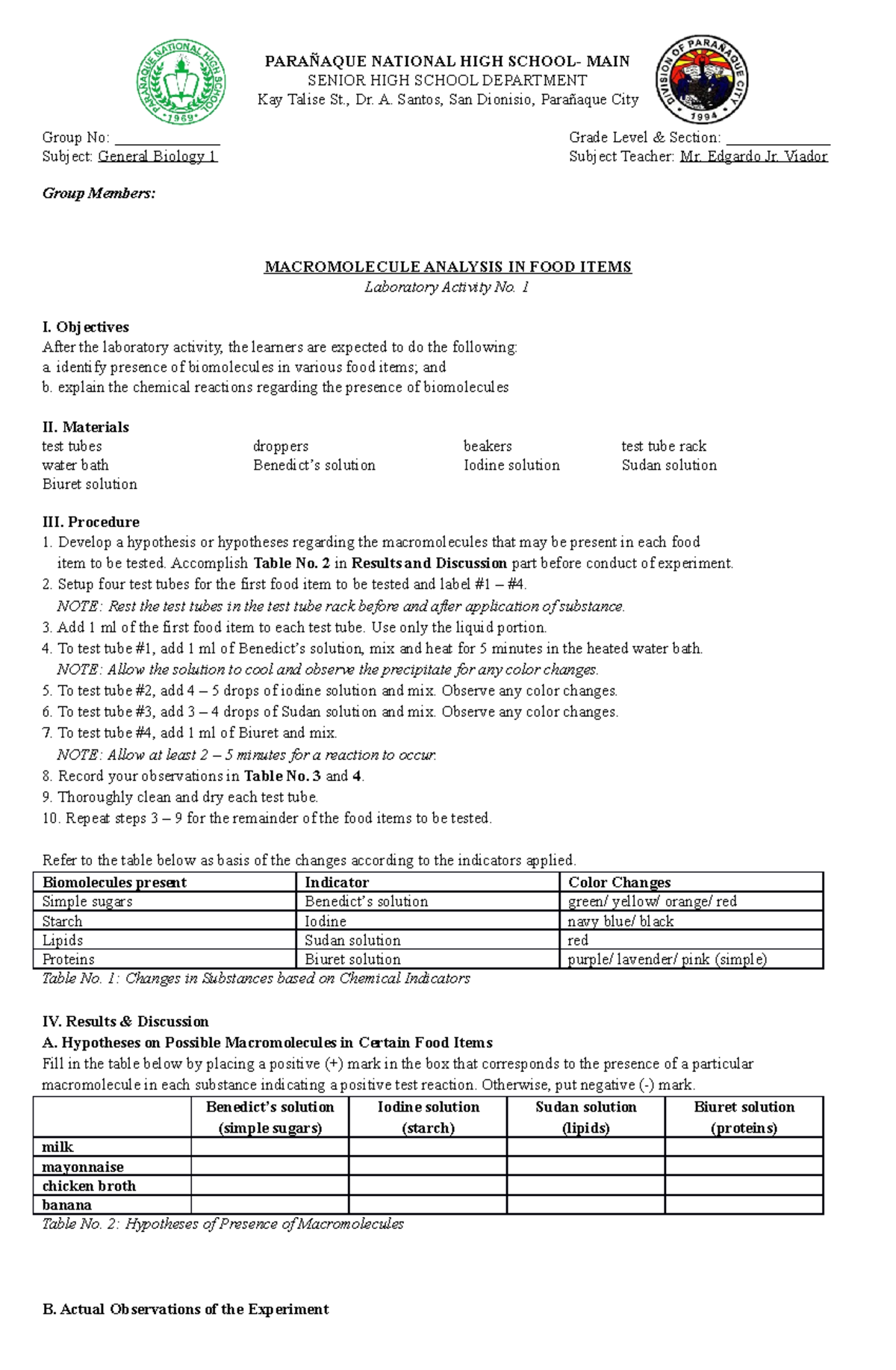 GB1 Q2 Lab Activity 1 Macromolecule Analysis on Food Items