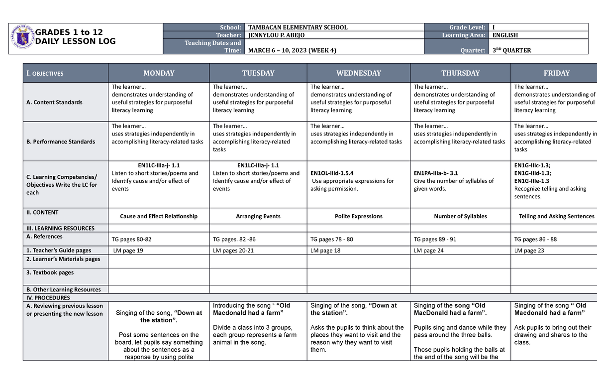 DLL English 1 Q3 W4 - Daily Lesson Log - GRADES 1 To 12 DAILY LESSON ...