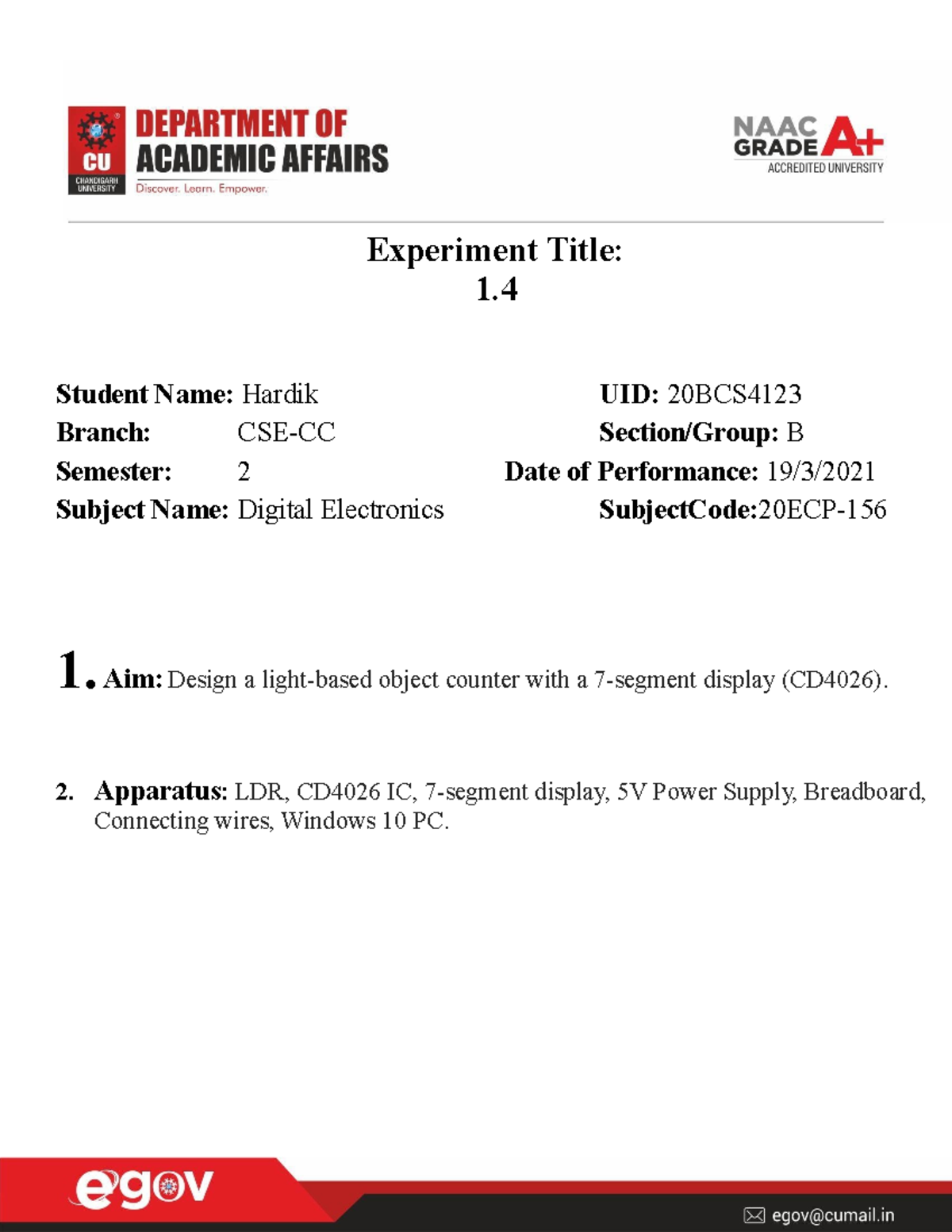 CSE Digital Electronics Lab Experiment Experiment Title 1. Student
