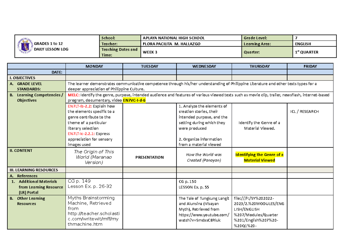 English 7 Q1 w2 - education - GRADES 1 to 12 DAILY LESSON LOG School ...