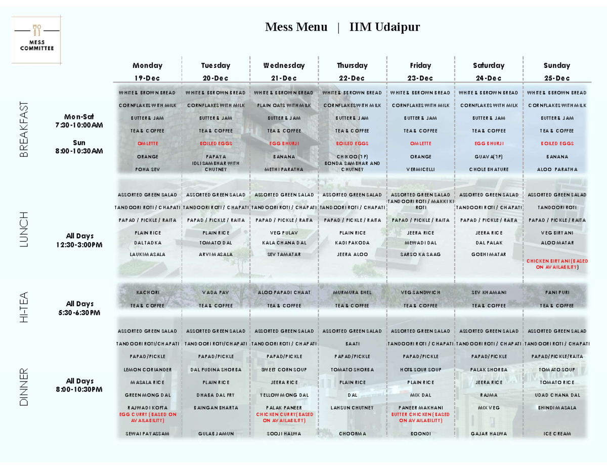 Mess Menu 19th Dec to 25th Dec BREAKFAST LUNCH HITEA DINNER Mess