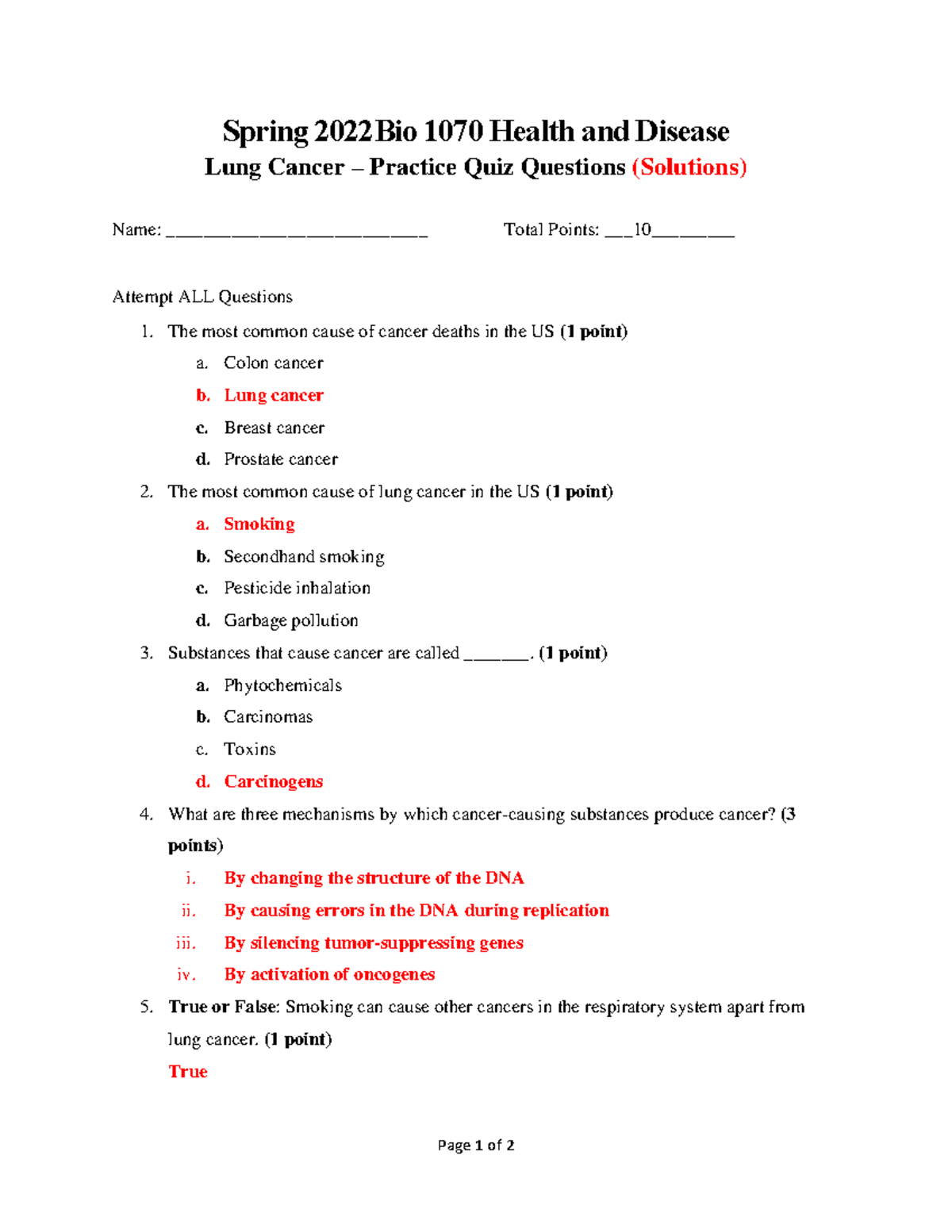 Lung Cancer - Practice Quiz Questions - Page 1 of 2 Spring 2022Bio 1070 ...