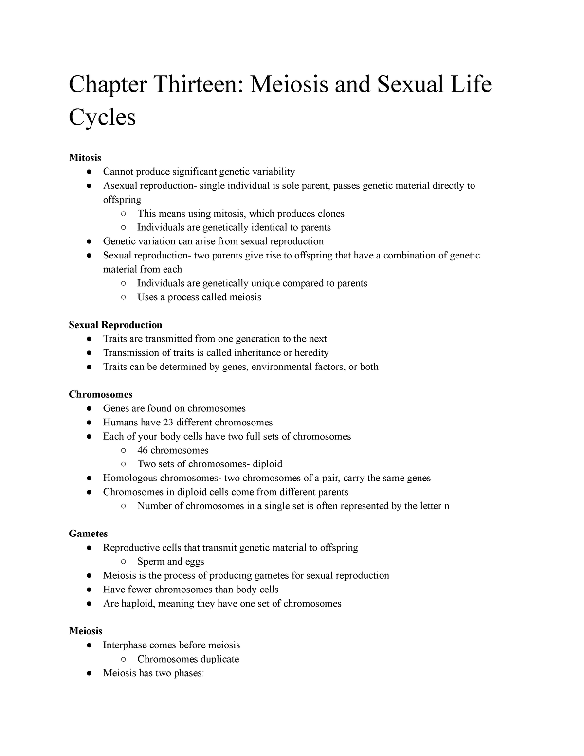 Bi 211 Chapter 13 Notes Chapter Thirteen Meiosis And Sexual Life Cycles Mitosis Cannot 7930