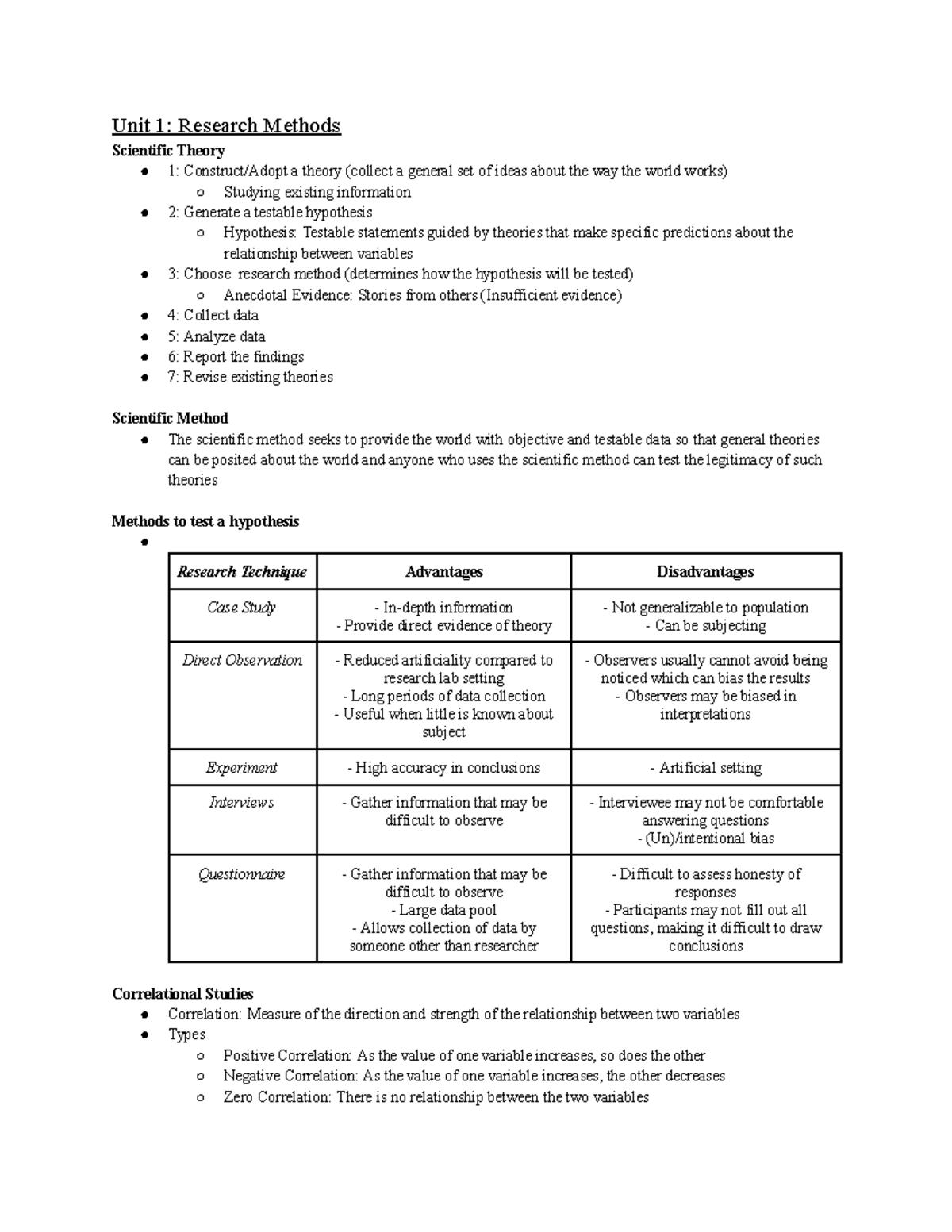 Psych Notes - Unit 1: Research Methods Scientific Theory 1: Construct ...