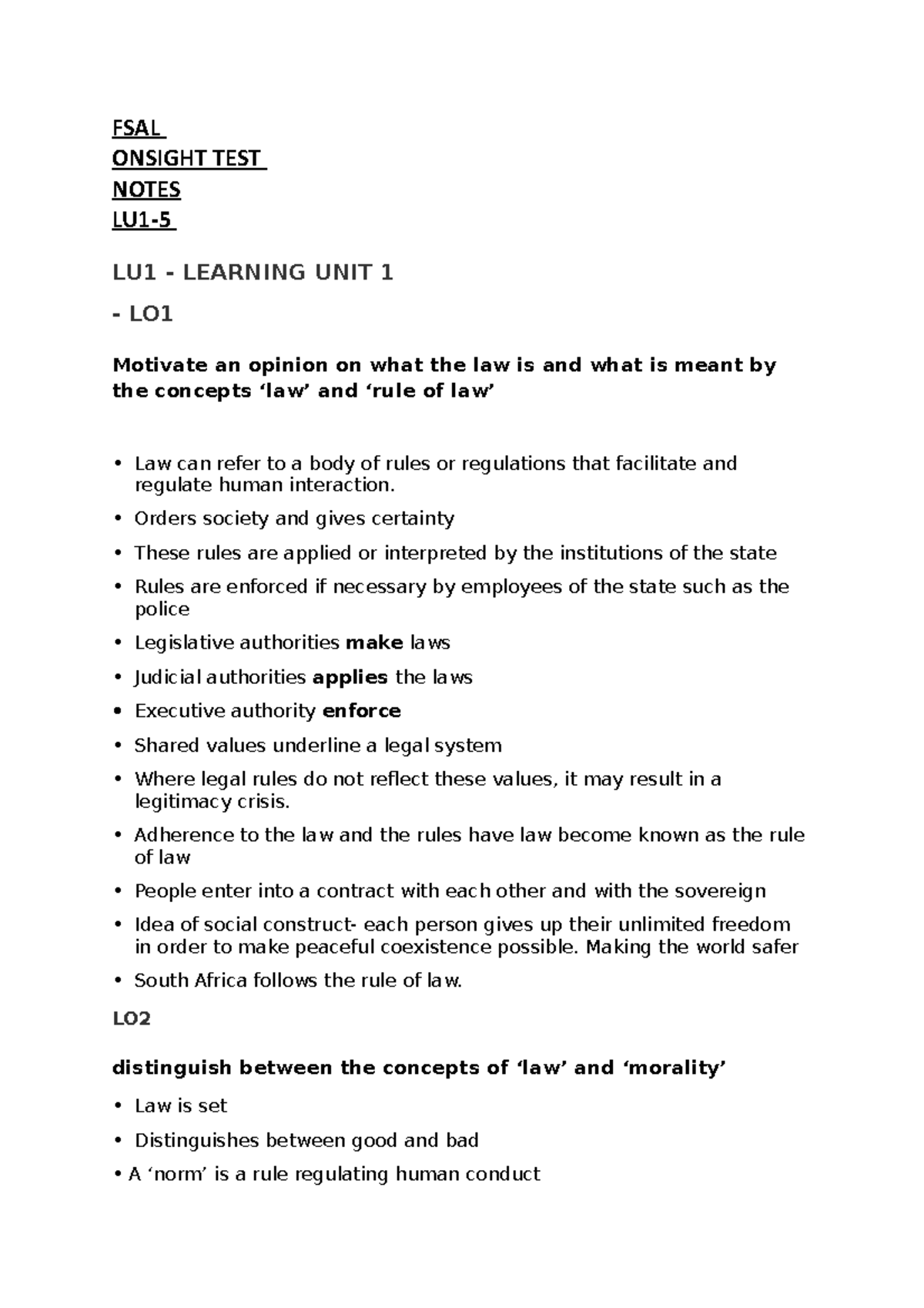 FSAL Study Notes - FSAL ONSIGHT TEST NOTES LU1- LU1 - LEARNING UNIT 1 ...