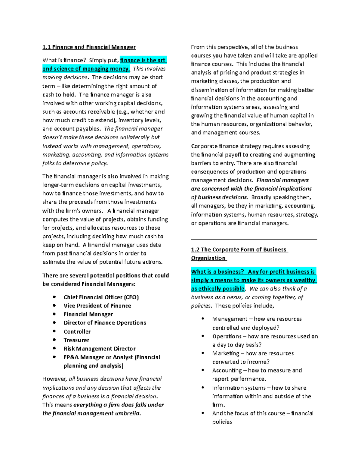 Chapters 1 and 2 Lecture Readings Document - 1 Finance and Financial ...