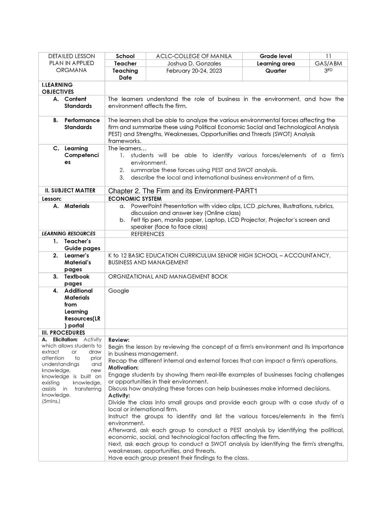 WLP Orgman WEEK2 - managment - DETAILED LESSON PLAN IN APPLIED ORGMANA ...