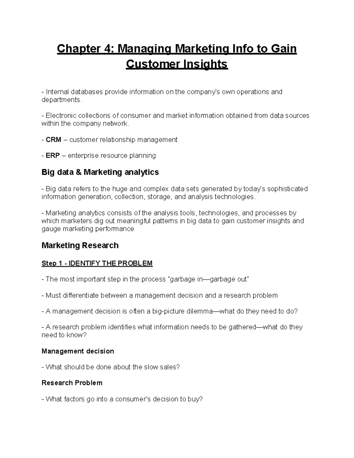 BUSI 2208 Chapter 4 - notes - Chapter 4: Managing Marketing Info to ...