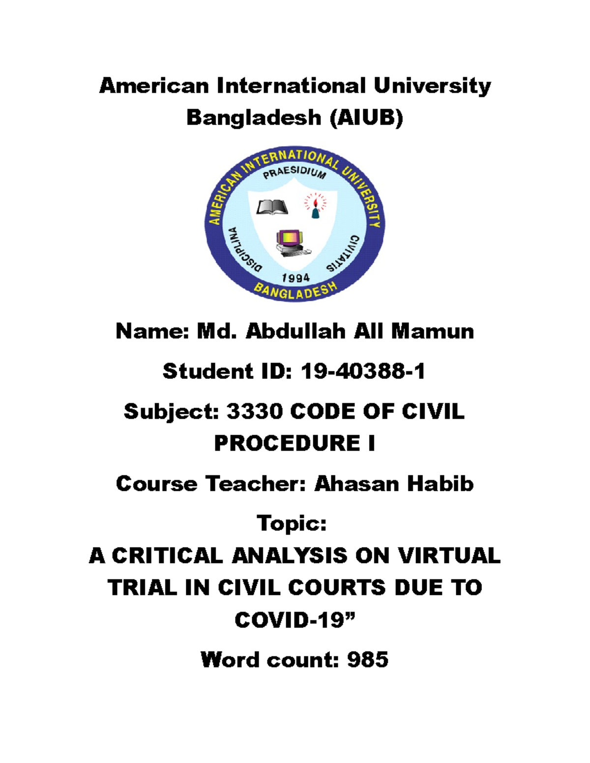 CPC Final C-19 Assignment - American International University ...