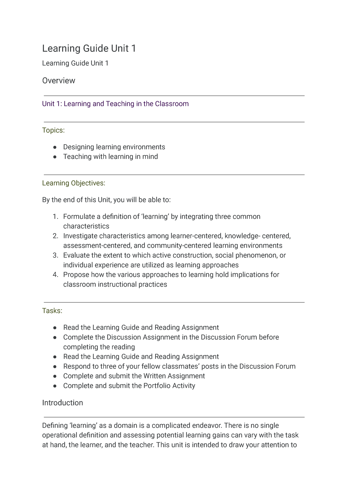 Learning Guide Unit 1 - Formulate a definition of ‘learning’ by ...