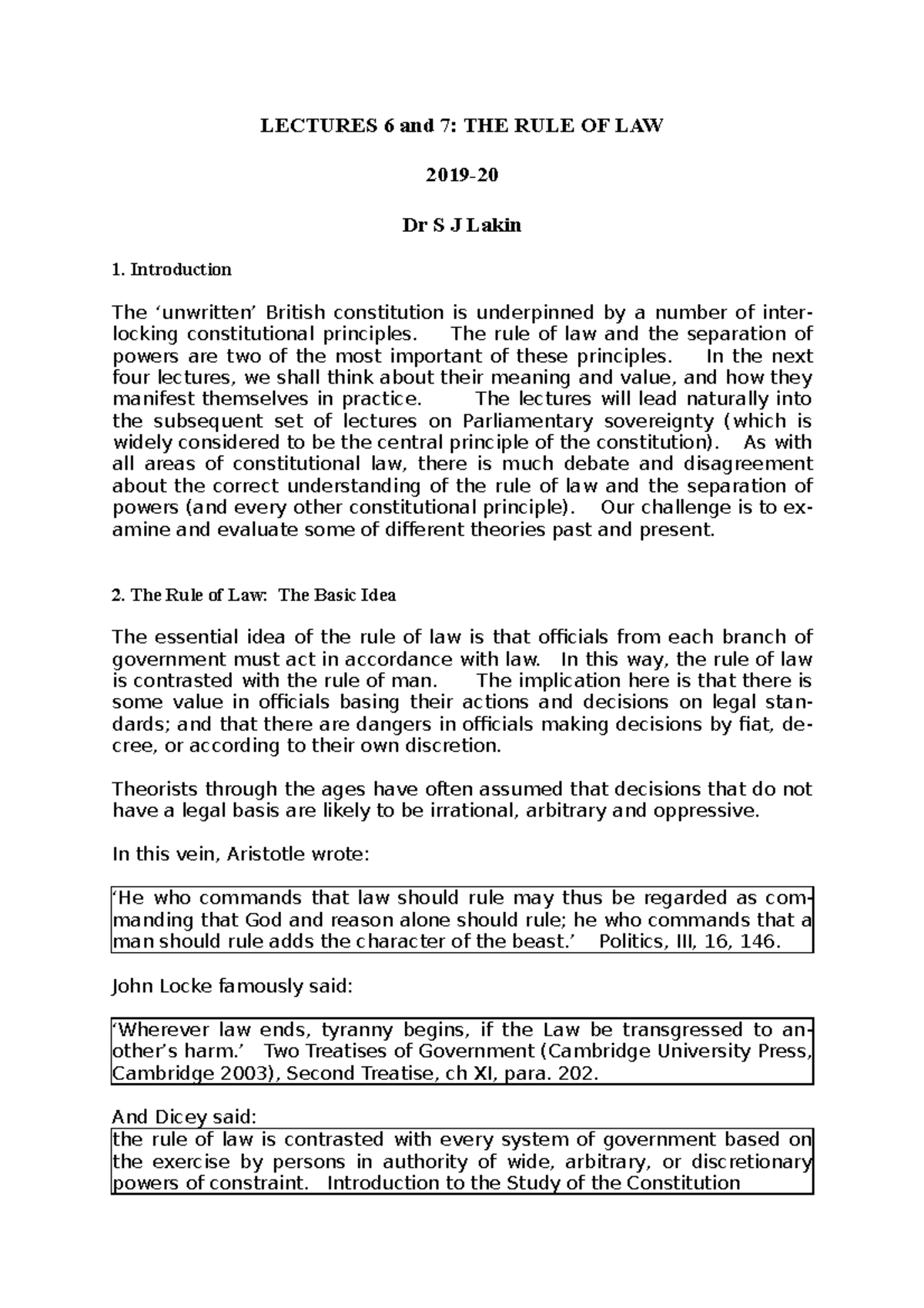 PL1 lectures 6 and 7 - the Rule of Law - S Lakin - LECTURES 6 and 7 ...