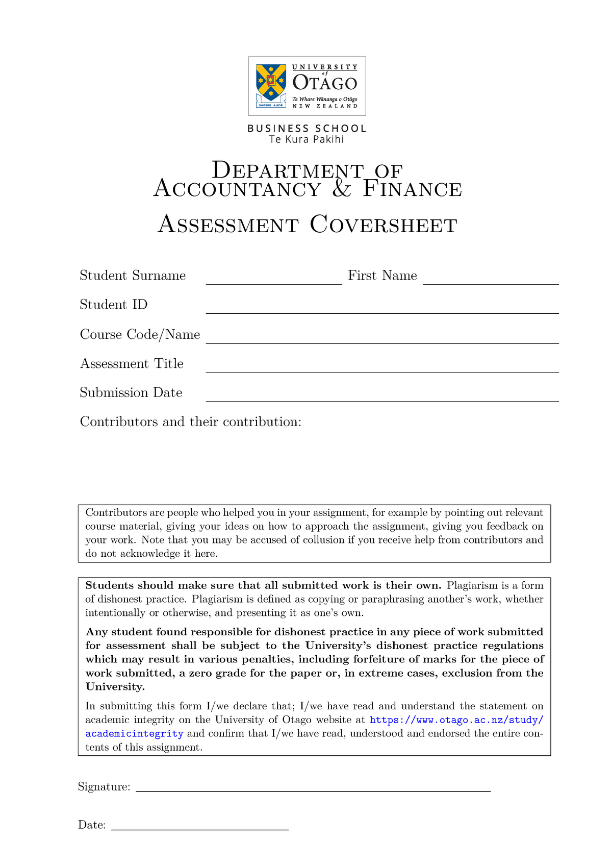 otago university assignment cover sheet