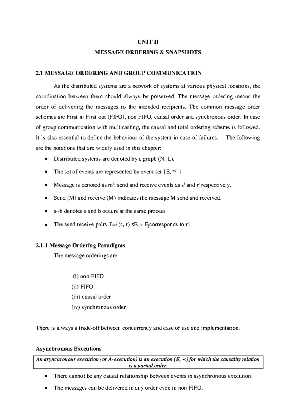DS Unit-II - UNIT II MESSAGE ORDERING & SNAPSHOTS 2 MESSAGE ORDERING ...