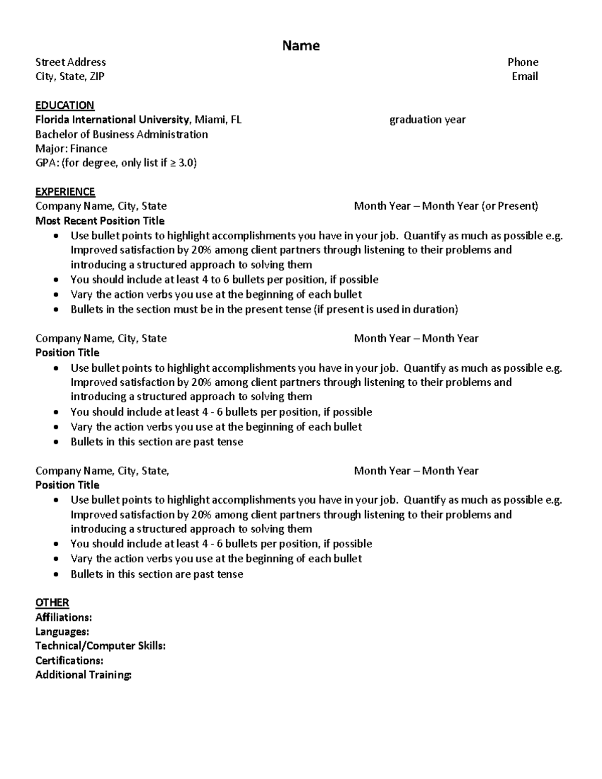 resumetemplate Name Street Address Phone City, State, ZIP Email