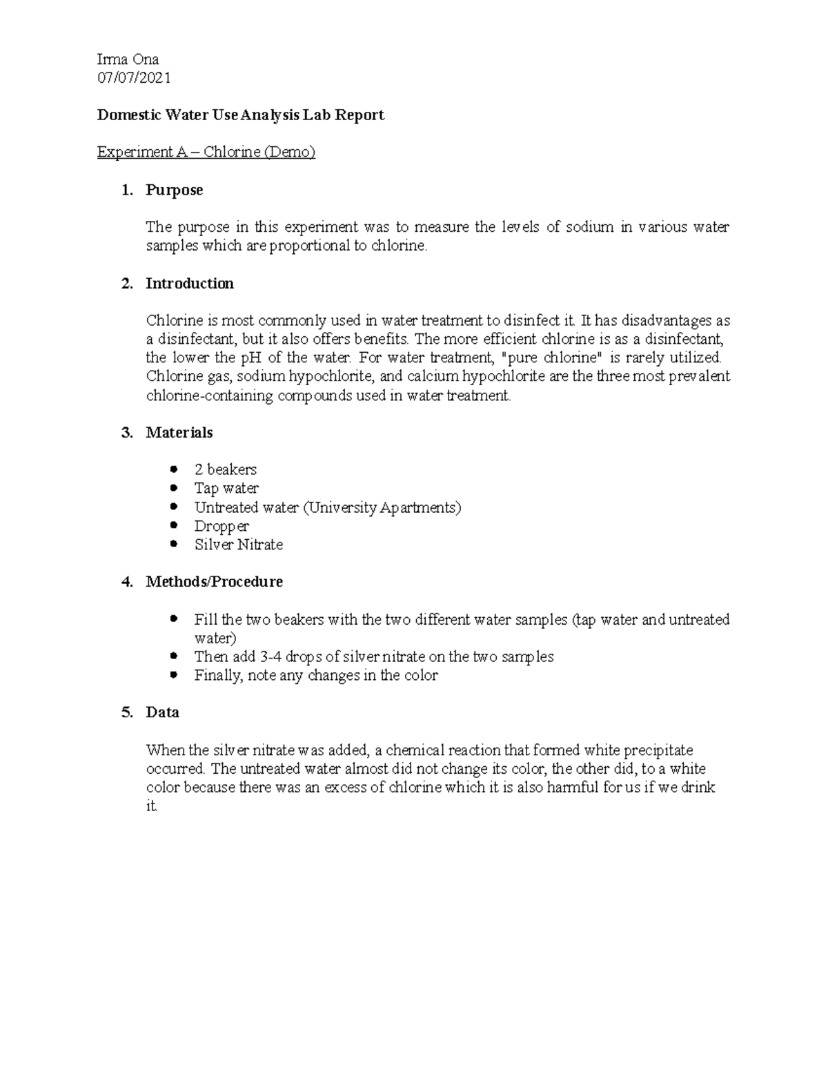 Domestic Use water Analysis lab Report 07/07/ Domestic Water Use