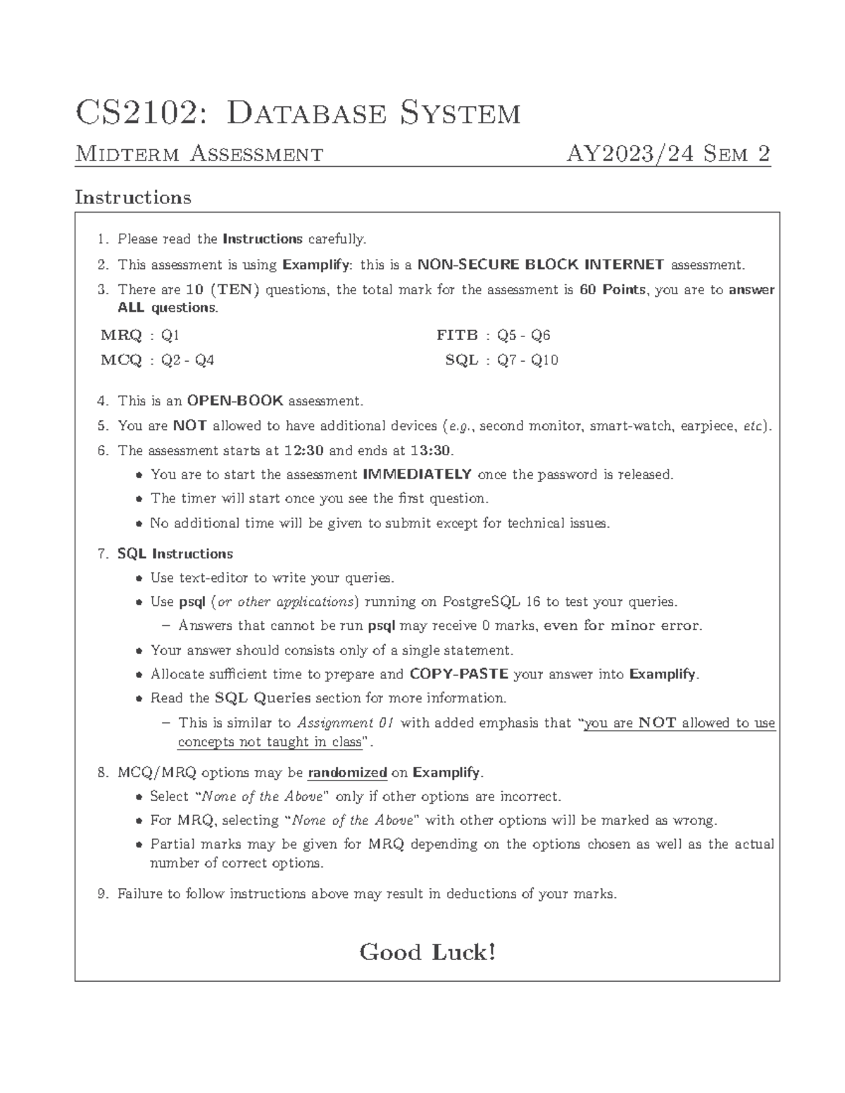 CS2102 2320 Midterm Ans - CS2102: Database System Midterm Assessment ...