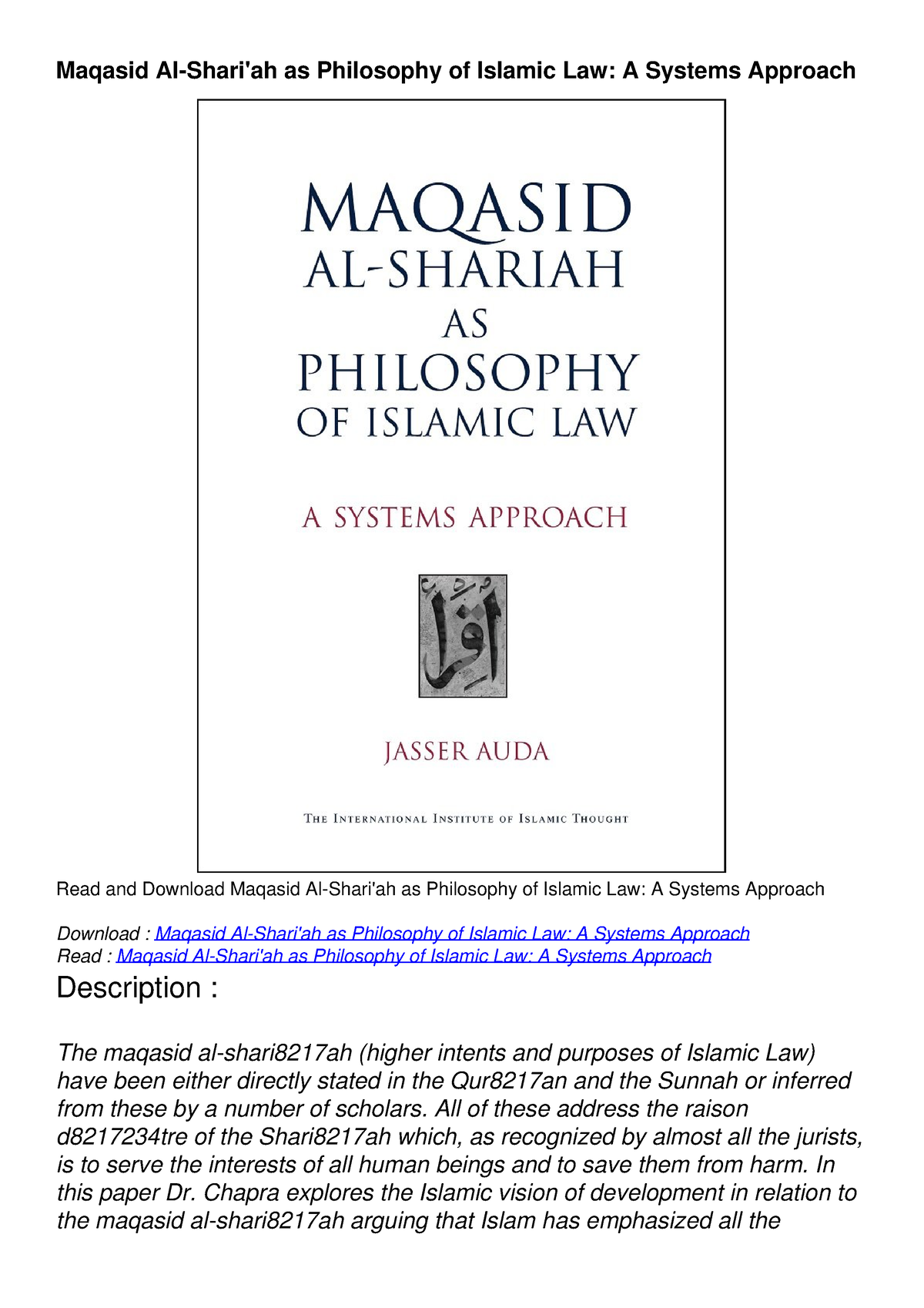 [READ DOWNLOAD] Maqasid Al-Shari'ah As Philosophy Of Islamic Law: A ...