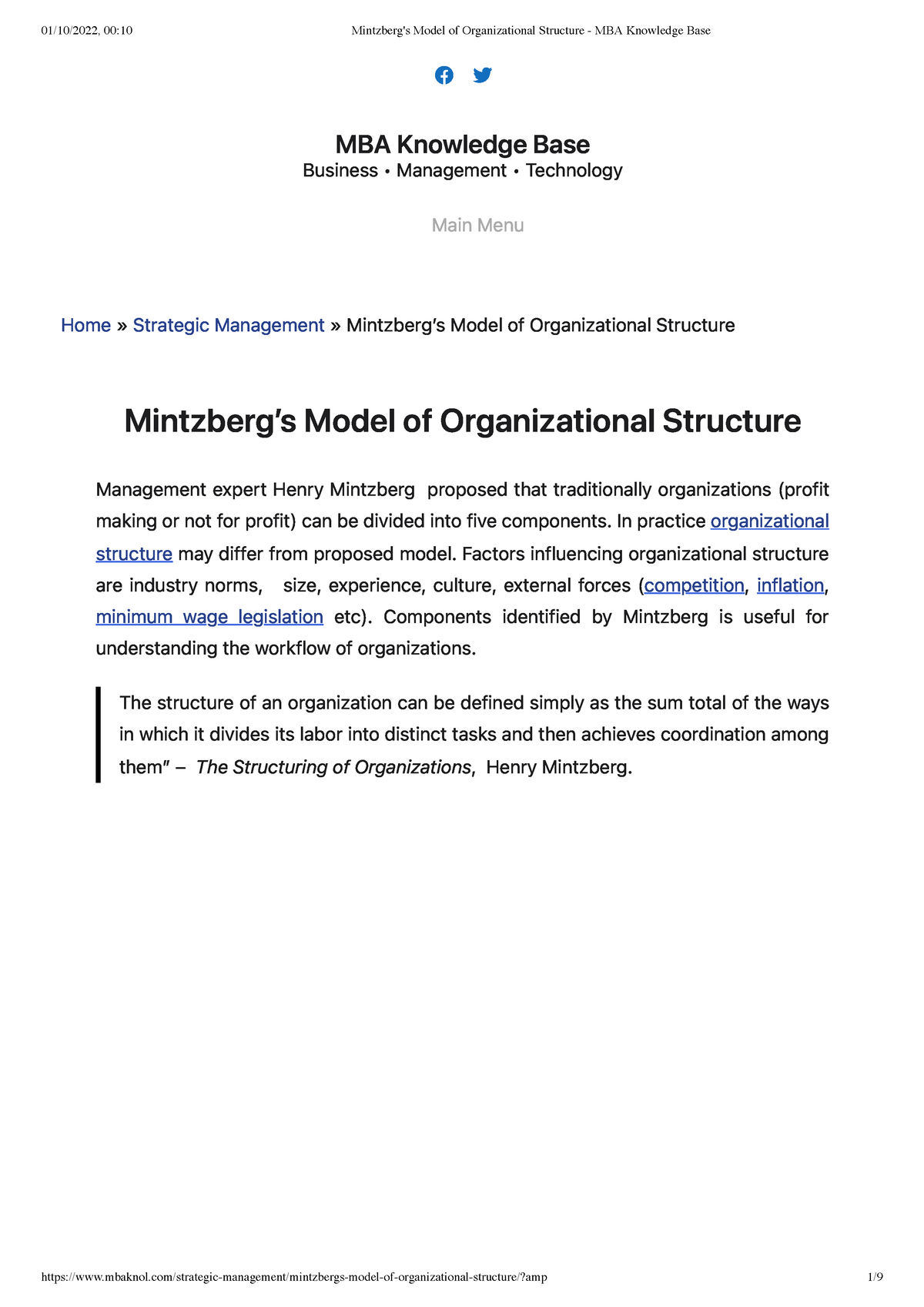 Mintzberg's Model Of Organizational Structure - MBA Knowledge Base ...