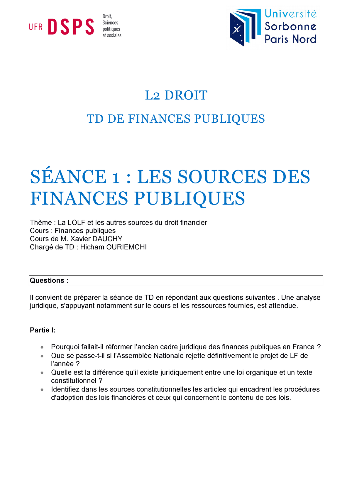 TD1 FP - Finance Publique L2S3 - L2 DROIT TD DE FINANCES PUBLIQUES ...