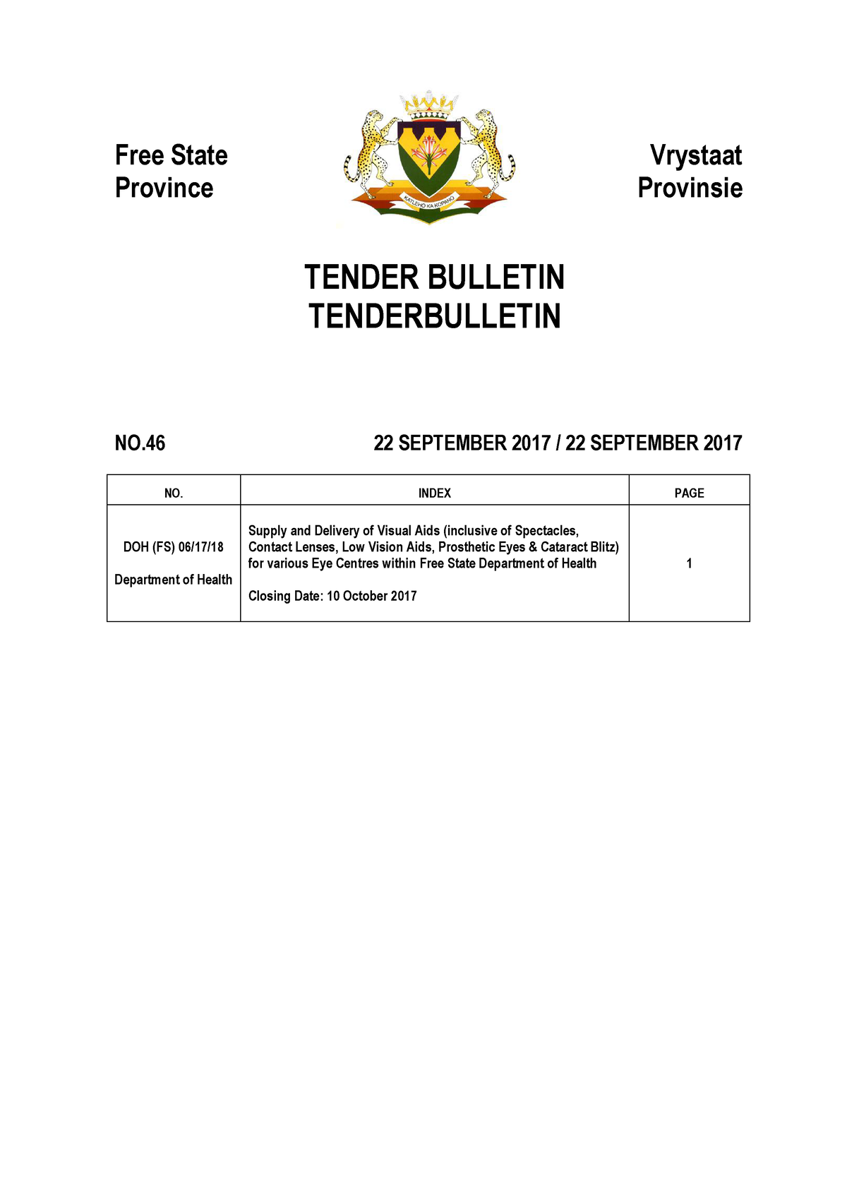 Tender Bulletin No 46 22 September 2017 Free State Province Vrystaat   Thumb 1200 1697 