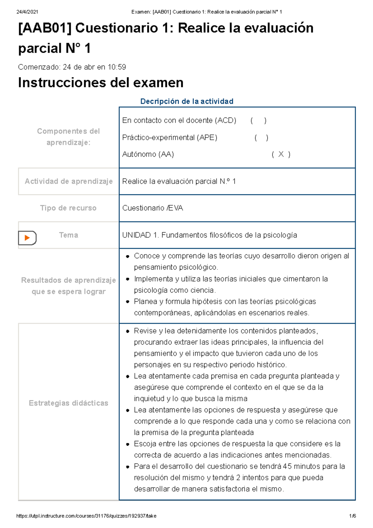 Examen [AAB01] Cuestionario 1 Realice La Evaluación Parcial N° 1 ...