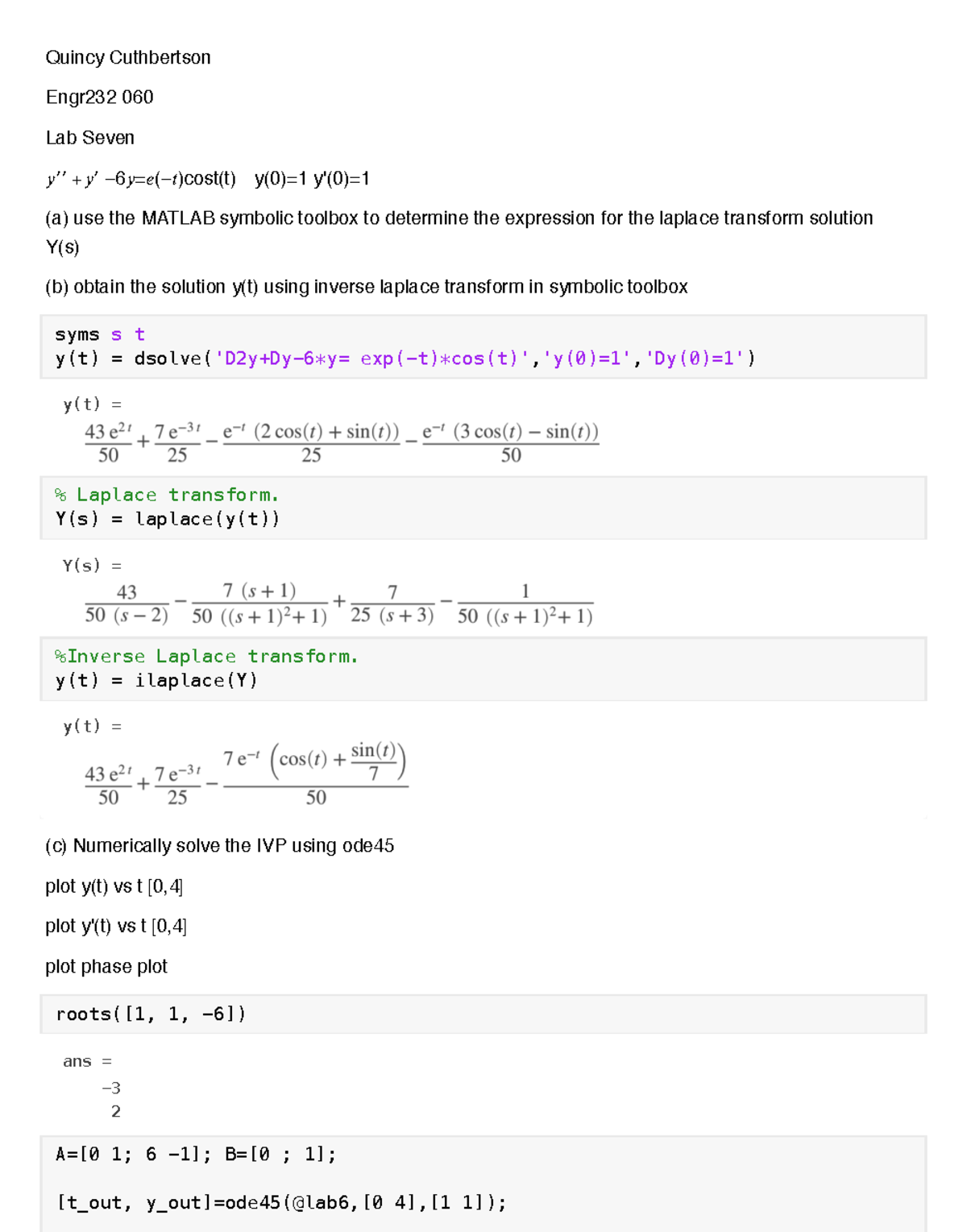 Dynamic Engineering MatLab - 7 - Quincy Cuthbertson Engr232 060 Lab ...