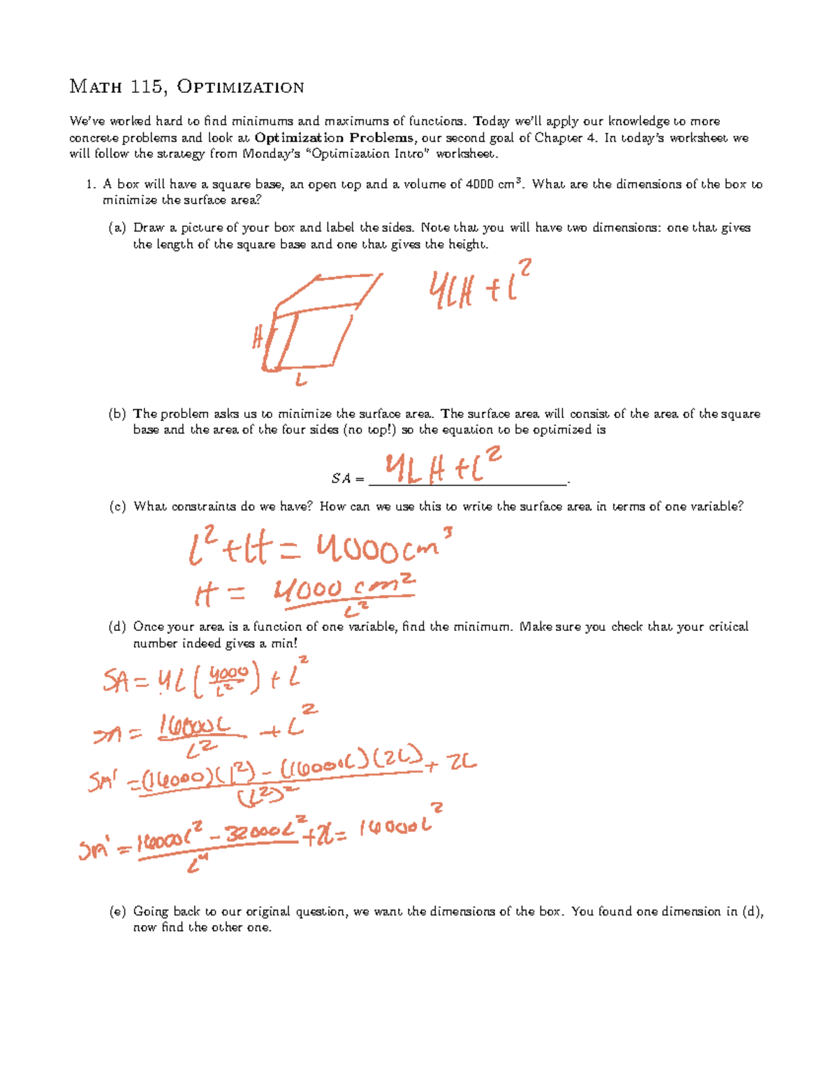 Optimization - Math 115, Optimization We’ve worked hard to find ...