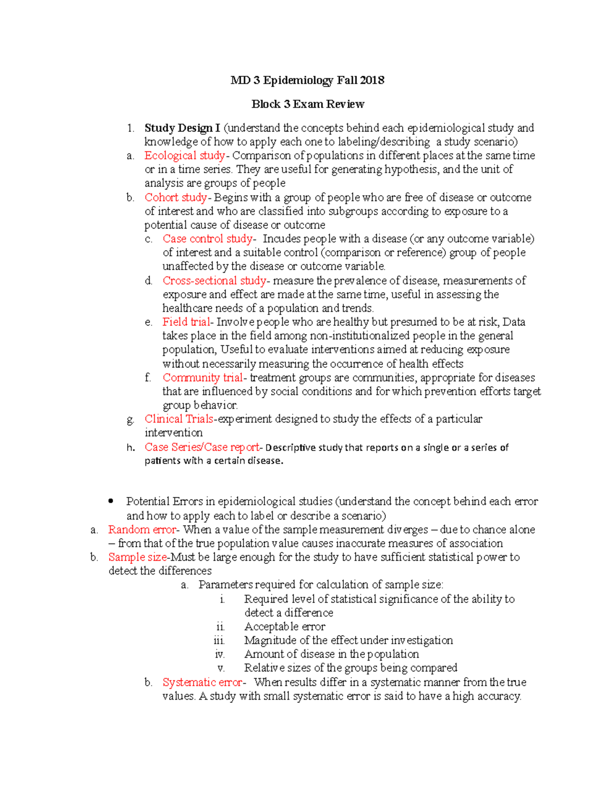 Epidemiology Block 3 Review MD 3 Epidemiology Fall 2018 Block 3 Exam