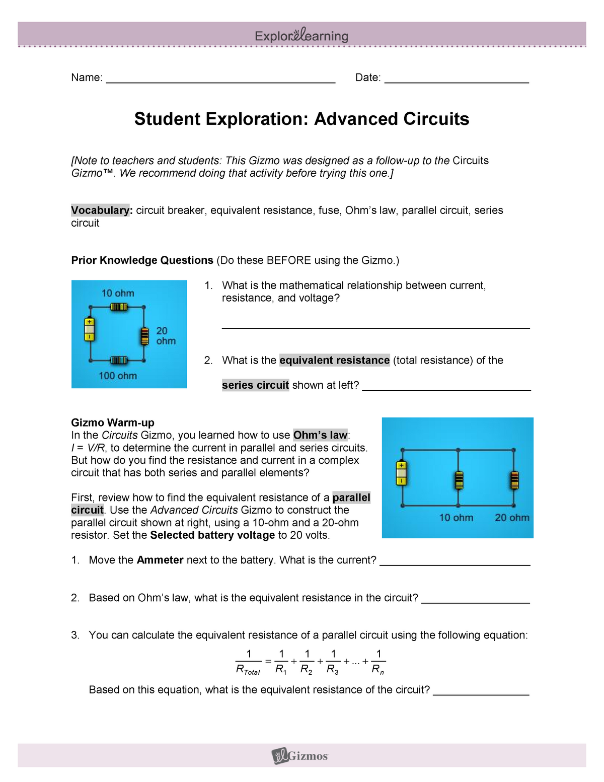 Advanced Circuits Lab Worksheet - NO Answer key - Name: Date Regarding Circuits Worksheet Answer Key