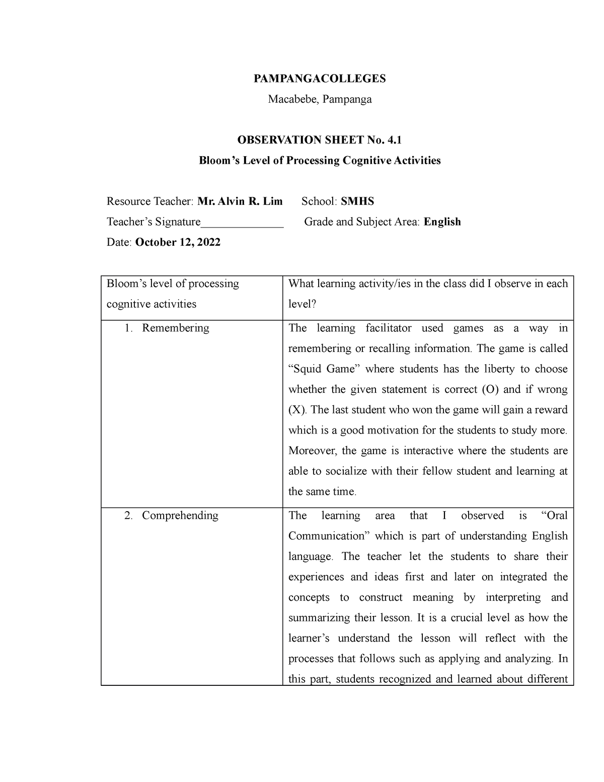 Observation-sheet-4 - Observation sheet 4 - PAMPANGACOLLEGES Macabebe ...