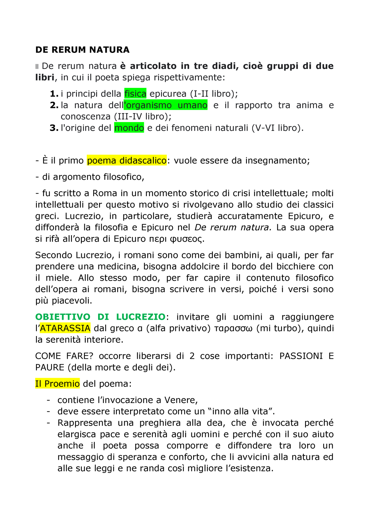 il De Rerum natura - DE RERUM NATURA Il De rerum natura è articolato in tre  diadi, cioè gruppi di - Studocu