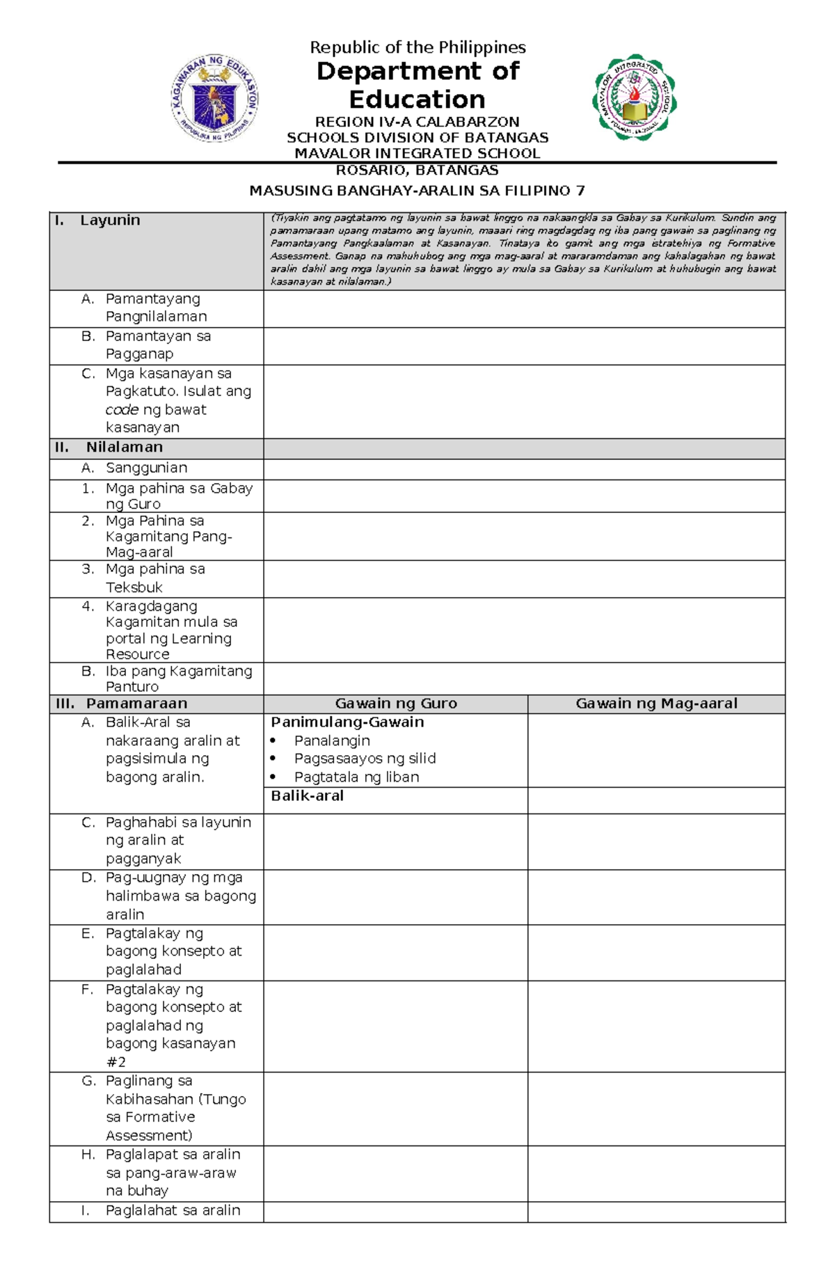 Lesson-Plan-Template - MASUSING BANGHAY-ARALIN SA FILIPINO 7 I. Layunin ...