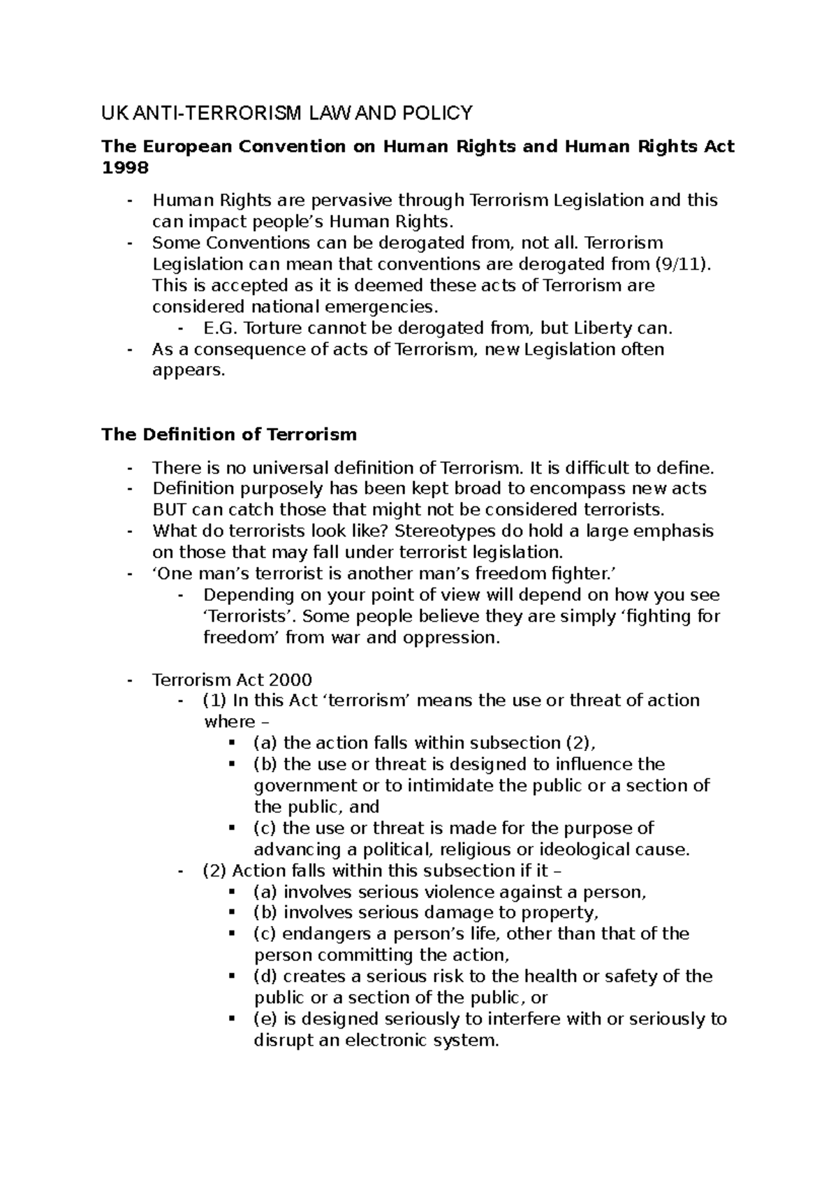 UK Anti-Terrorism Law - FULL Lecture Notes. - UK ANTI-TERRORISM LAW AND
