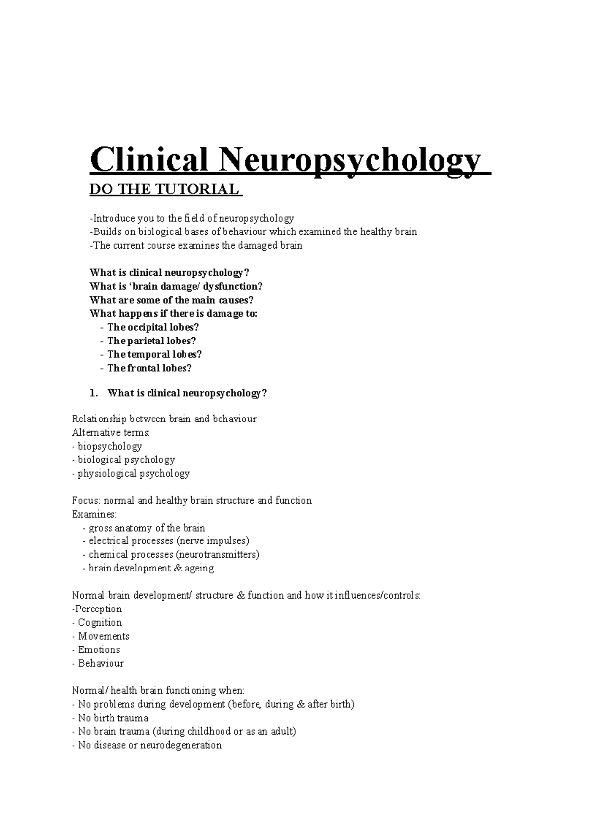 neuropsychology essay questions