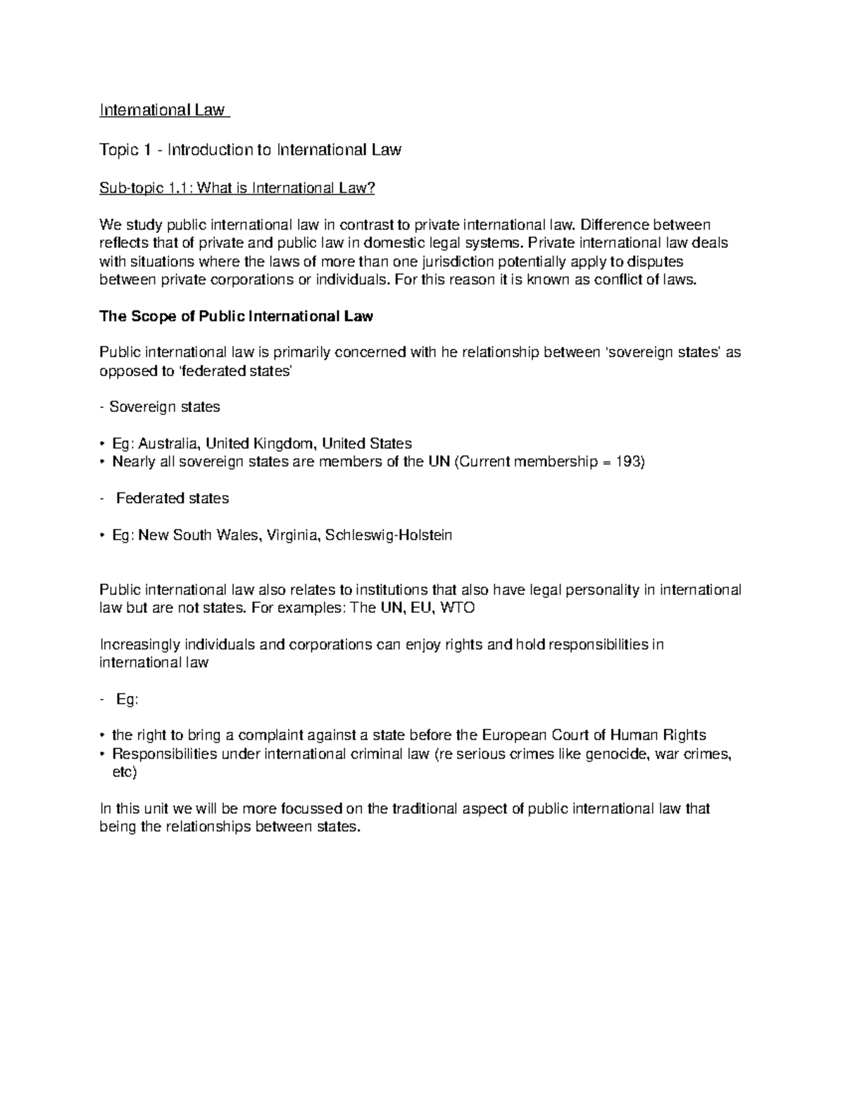 Semester Notes - Lecturer Roy Baker - International Law Topic 1 ...