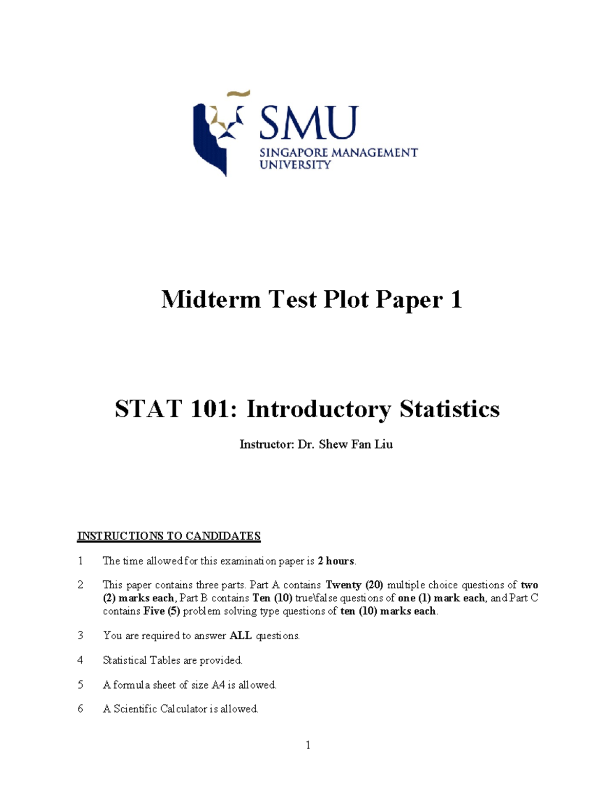 Midterm 9 April 2020, questions - Midterm Test Plot Paper 1 STAT 101 ...