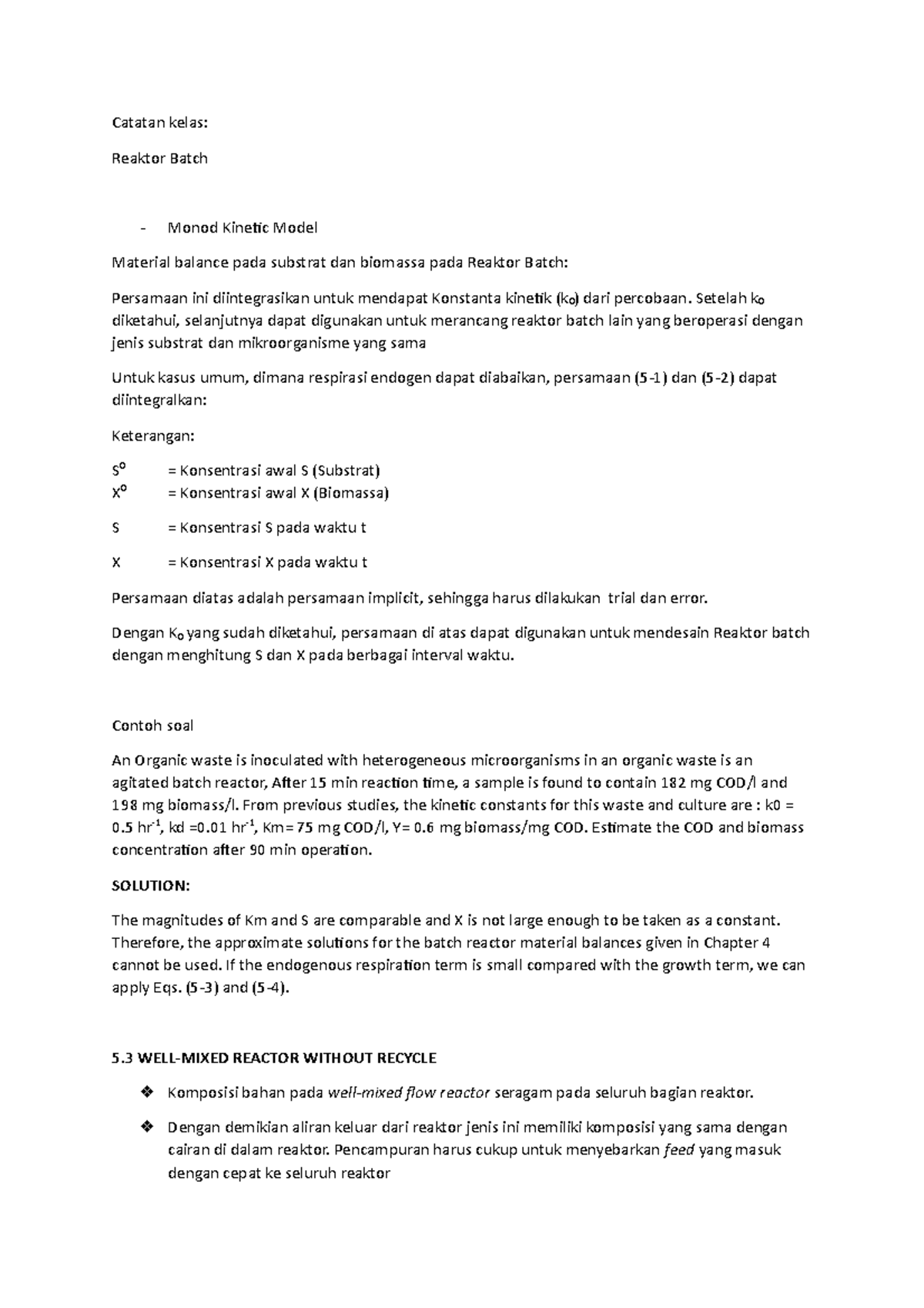 WELL Mixed Reactor Without Recycle Catatan kelas Reaktor Batch Monod