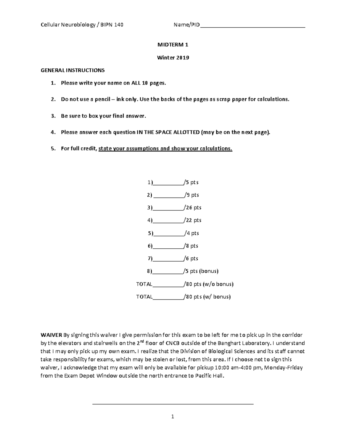 BIPN140 WI19 Midterm 1 - MIDTERM 1 Winter 2019 GENERAL INSTRUCTIONS 1 ...