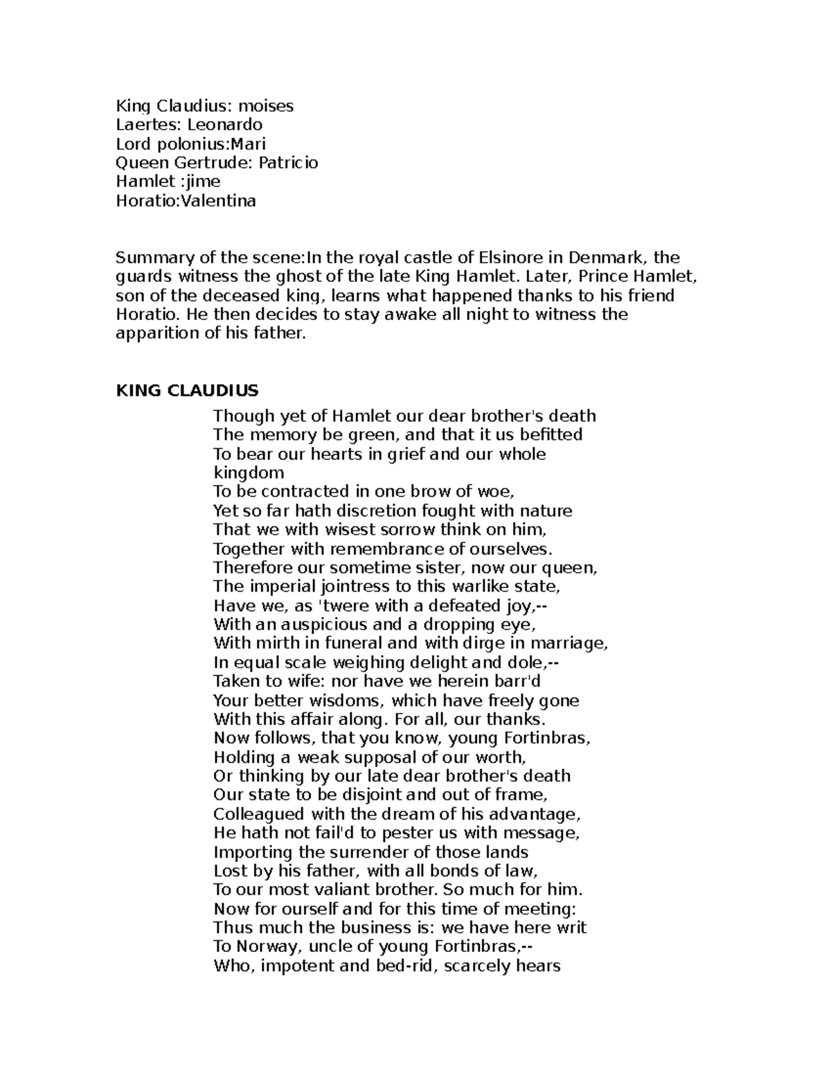 Guion writers - Hamlet script - King Claudius: moises Laertes: Leonardo ...