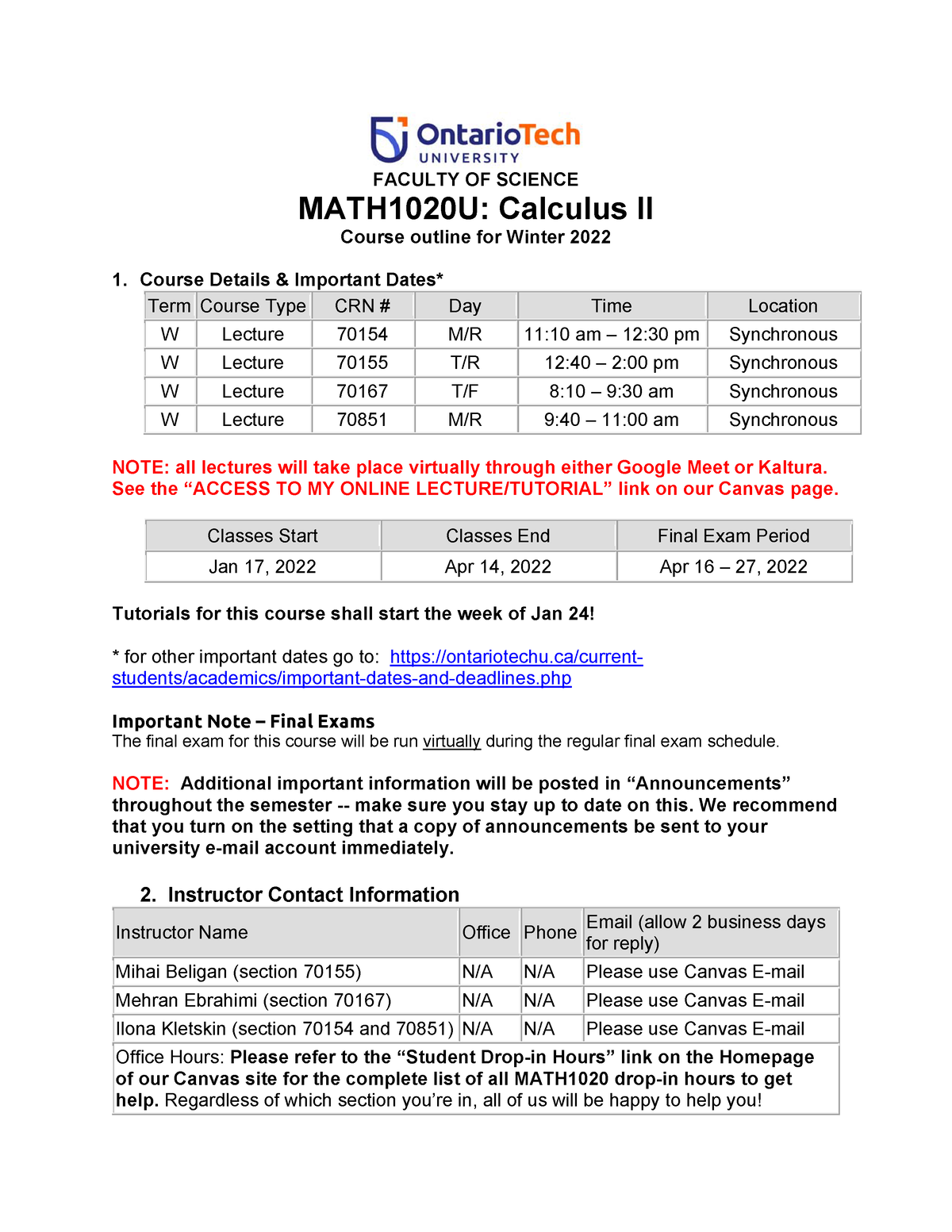 Syllabus Calculus II 2021 FACULTY OF SCIENCE MATH1020U Calculus II