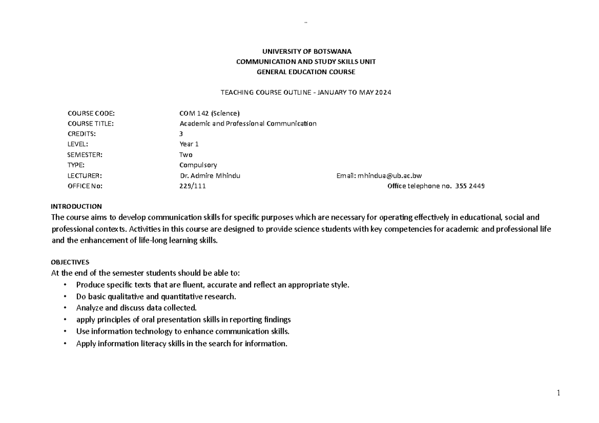 COM 142 course outline January - May 2024 Final (1) - UNIVERSITY OF
