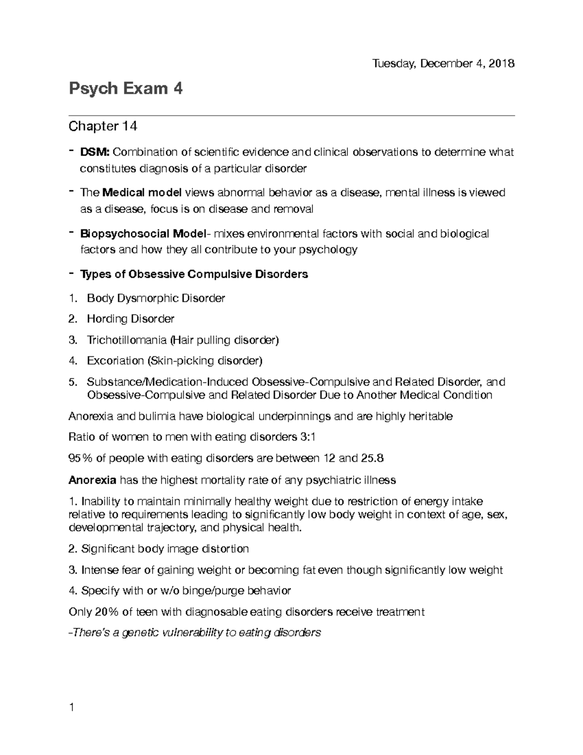 Psych exam 4 exam lecture review Psych Exam 4 Chapter 14 DSM